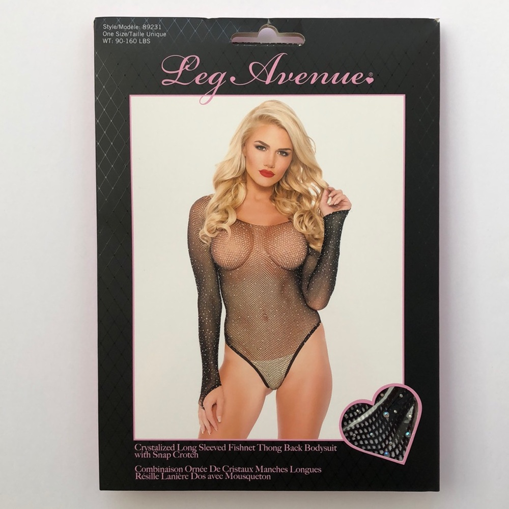Crystallized Long Sleeved Fishnet Thong Bodysuit One Size